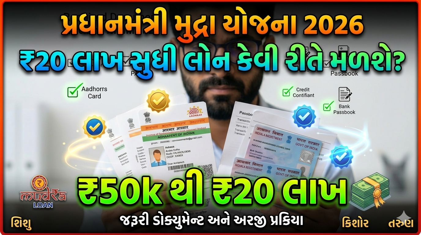 Mudra Loan 2026 માટે Aadhaar, PAN અને બેંક ડોક્યુમેન્ટ દર્શાવતો વ્યક્તિ